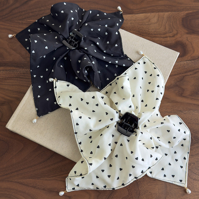 E廠-愛心波點吊珠抓夾女大號方巾馬尾夾優雅氣質後腦勺髮夾子半扎髮飾「27100」25.06-3