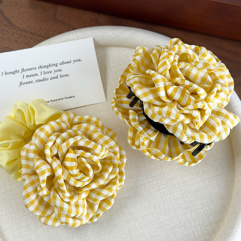 E廠-明媚黃玫瑰格紋花朵抓夾復古百搭鯊魚夾氛圍感髮圈盤半扎髮卡髮飾「26854」25.04-4