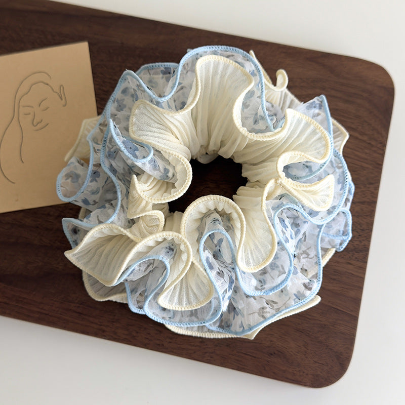 E廠-泡泡紗碎花雙層褶皺花邊大腸髮圈女扎頭髮低馬尾皮筋丸子頭繩髮飾「27063」25.06-2