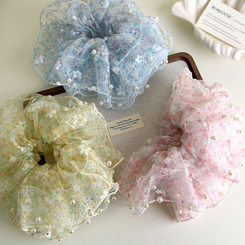 E廠-超仙蕾絲花朵珍珠大腸髮圈女高端大腸頭繩耐用皮筋精緻扎頭髮髮飾「27127」25.06-4