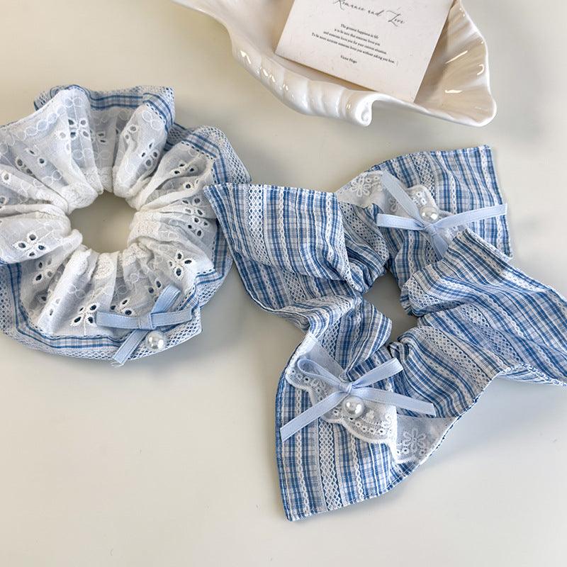 E廠-春日新款藍白色清新格紋蕾絲蝴蝶結布藝髮圈甜美髮飾韓系方巾髮圈「26714」25.03-4