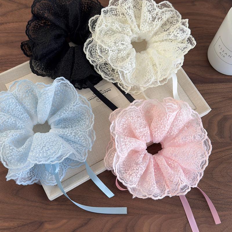 E廠-可抽拉調節刺繡蕾絲雙層髮圈女芭蕾風活動式抽繩絲帶頭花髮繩頭繩「26768」25.04-1
