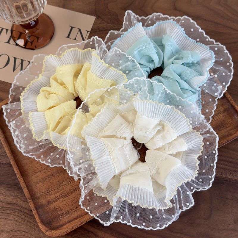 E廠-法式溫柔色系頭飾圓點蕾絲花邊扎頭髮布藝髮圈復古百搭髮飾髮繩女「26873」25.05-1