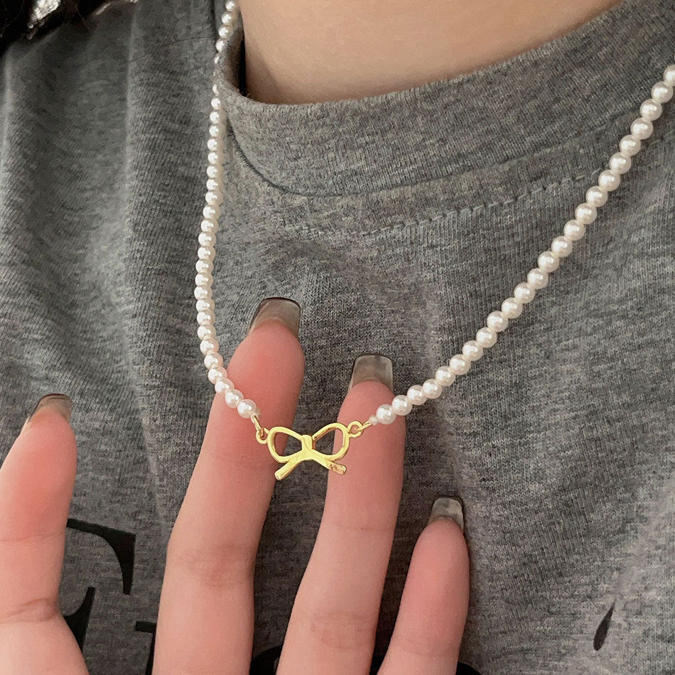 F廠-韓國韓版925純銀蝴蝶結人造水晶珍珠項鍊簡約ins小紅書項鍊「B1219」25.08-4