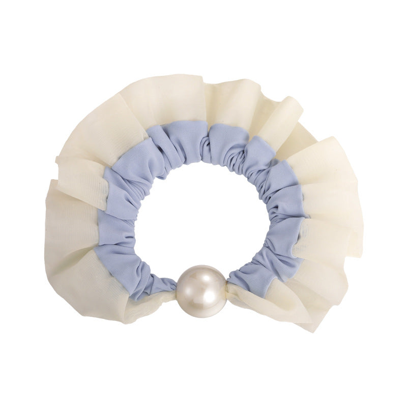 E廠-軟萌奶藍色蕾絲花邊珍珠髮圈甜美少女心大腸圈扎髮繩頭花皮筋頭飾「27115」25.06-4