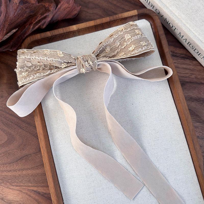 E廠-赫本風蝴蝶結飄帶髮夾2024新款復古優雅低馬尾布藝彈簧夾髮飾女「26174」24.10-4