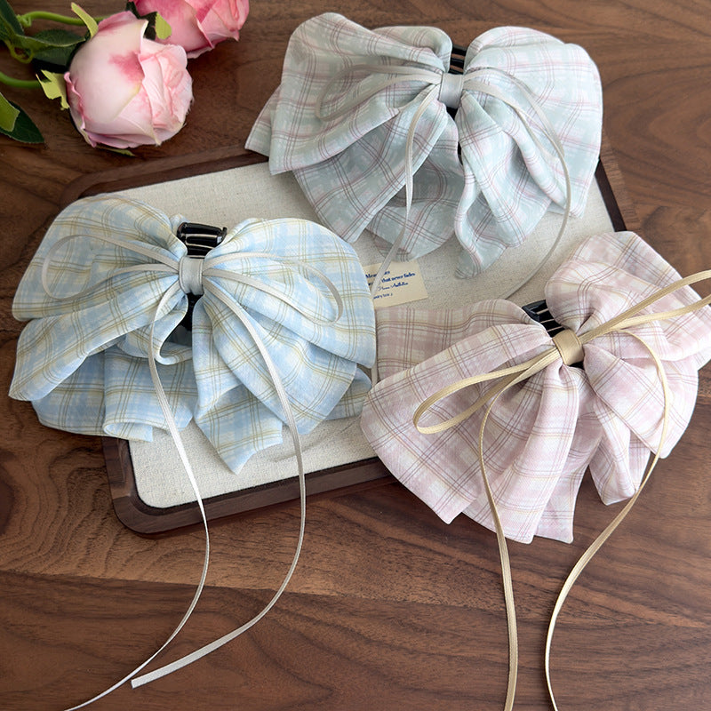 E廠-2025新款甜美格子蝴蝶結絲巾馬尾夾後腦勺夾子頭飾高級感髮飾抓夾「27132」25.06-4