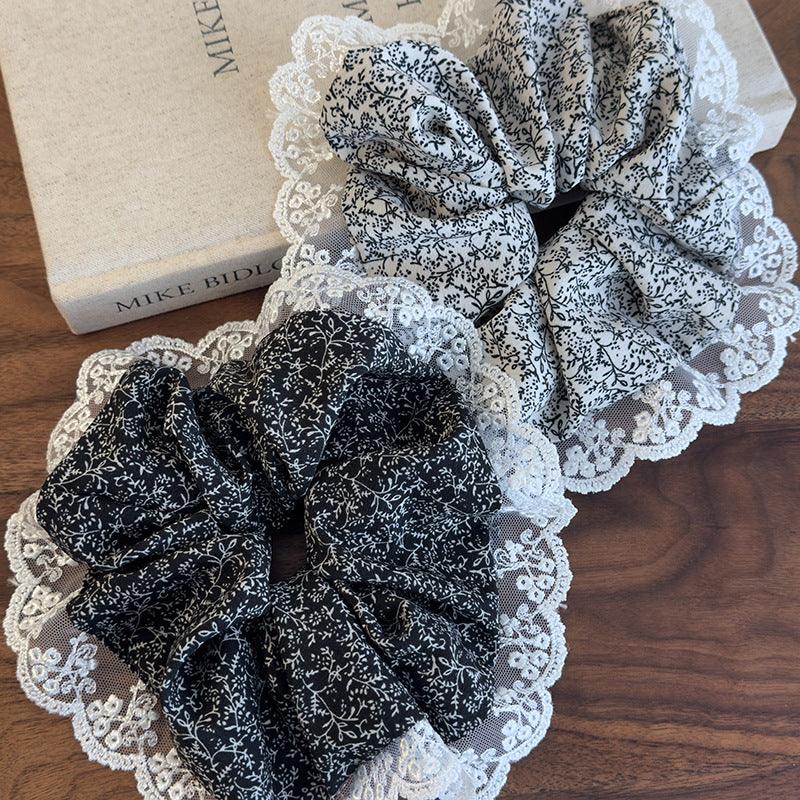 E廠-清新小碎花大號髮圈女新款精緻髮繩蕾絲邊少女法式大腸圈扎髮皮筋「26452」25.01-3