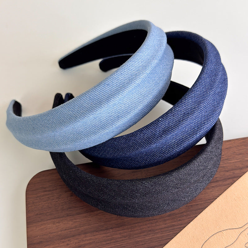 E廠-小清新風~韓系牛仔布藝簡約寬邊髮箍女款2025新款高顱頂頭箍髮飾「27250」25.07-4