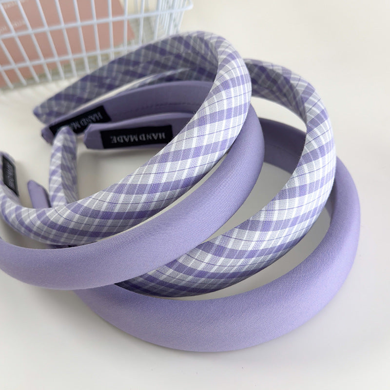 E廠-仙女紫~紫色格子純色髮箍女2025新款外出百搭高顱頂洋氣髮卡頭箍「26883」25.05-1
