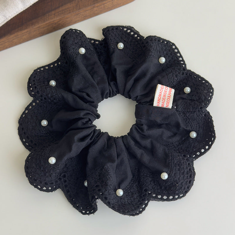E廠-韓國小清新珍珠刺繡蕾絲大腸髮圈2025新款扎馬尾氣質髮飾丸子頭繩「27076」25.06-3