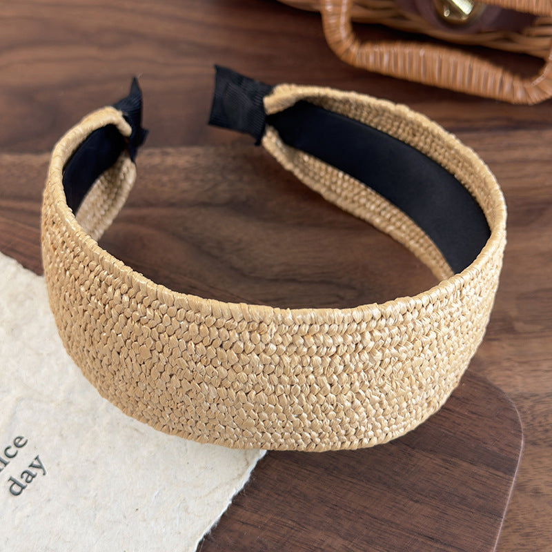 E廠-復古老錢風草編寬邊髮箍女高級感日常外戴頭箍高顱頂度假髮捆頭飾「26926」25.05-3