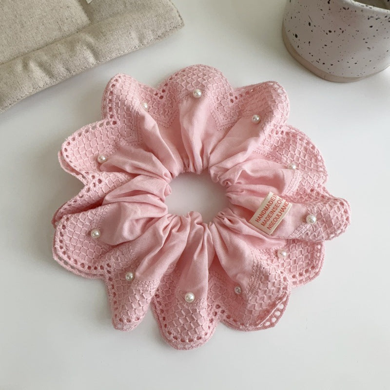 E廠-韓國小清新珍珠刺繡蕾絲大腸髮圈2025新款扎馬尾氣質髮飾丸子頭繩「27076」25.06-3