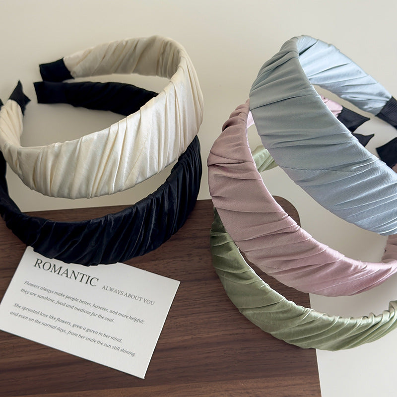 E廠-高品質低飽和度緞面質感褶皺髮箍女高顱頂布藝纏繞寬邊壓髮頭箍「27130」25.06-4