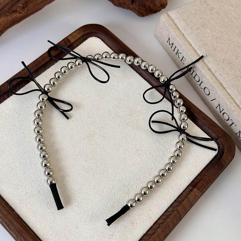 E廠-韓版芭蕾風銀色仿金屬串珠蝴蝶結髮箍小眾高級感甜美壓髮卡頭飾女「25811」24.08-2