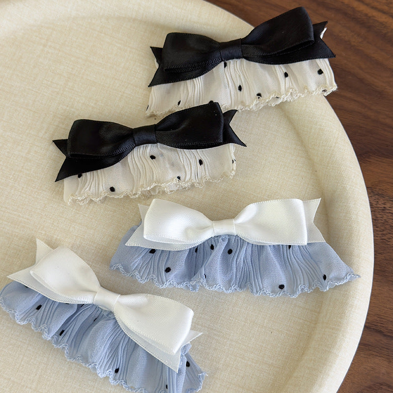 E廠-韓系溫柔布藝點點蕾絲花邊蝴蝶結髮夾側邊夾瀏海夾子甜美ins頭飾「27014」25.05-5