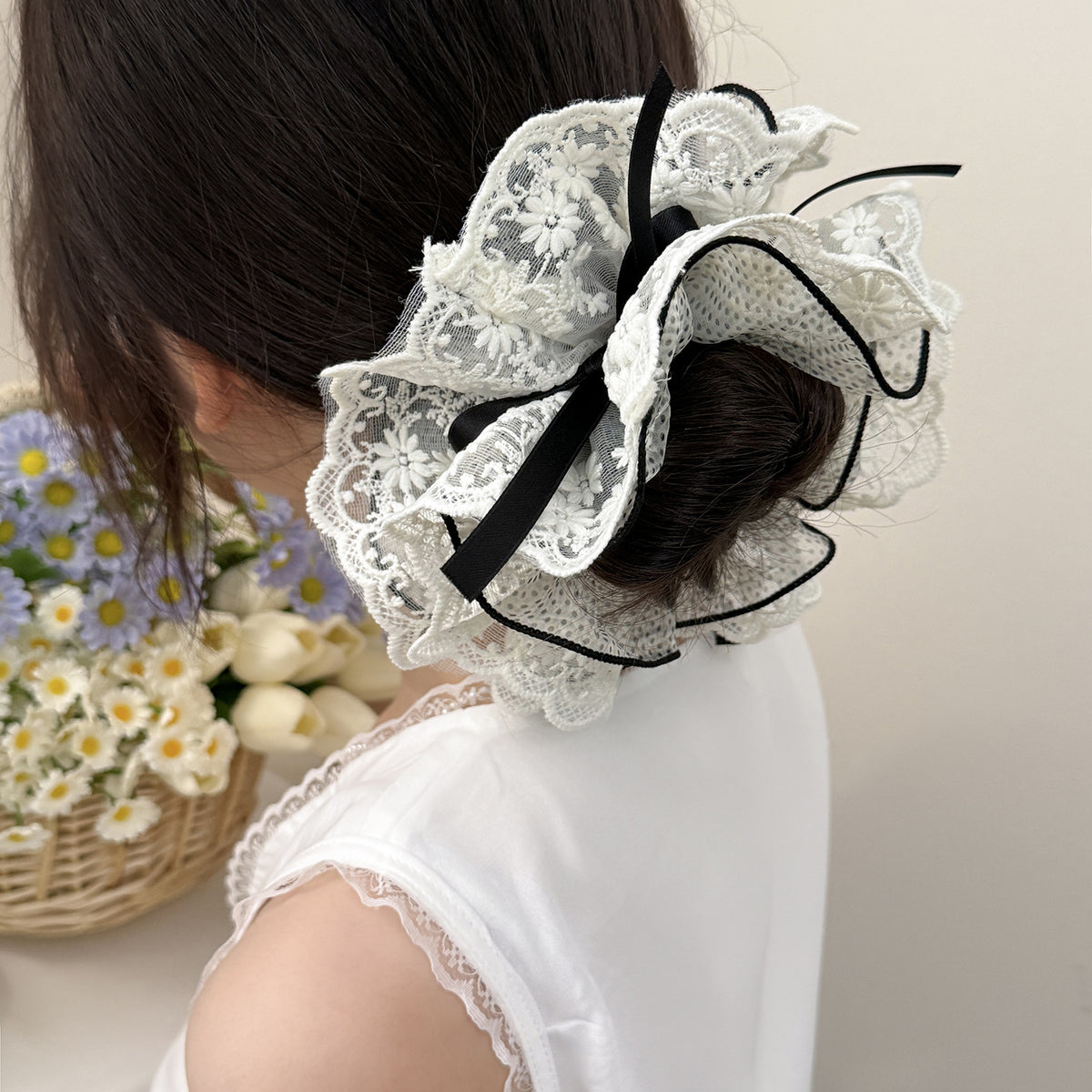 E廠-波點網紗四層蕾絲大腸髮圈公主風絲帶蝴蝶結頭花女高顏值甜美髮繩「27101」25.06-3