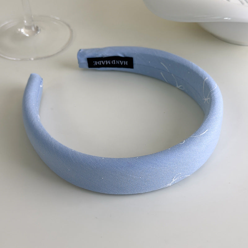 E廠-海鹽藍色系~法式蝴蝶結印花布藝寬邊髮箍清爽百搭高顱頂海綿頭箍「27043」25.06-1