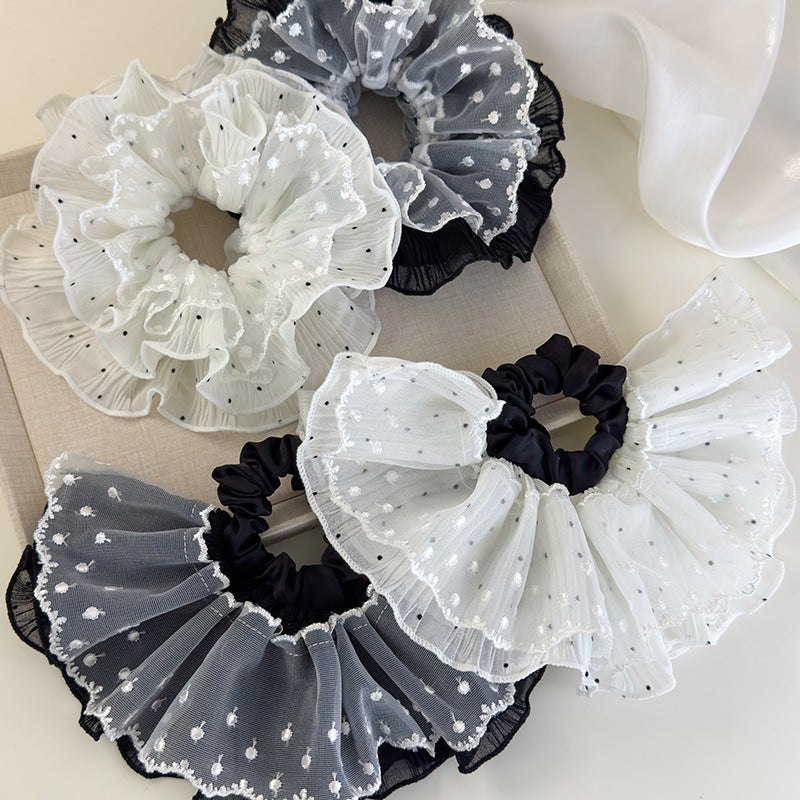 E廠-繆系溫柔蕾絲波點裙擺髮圈韓系扎頭髮大腸圈頭繩髮飾氣質頭花髮繩「26865」25.04-4