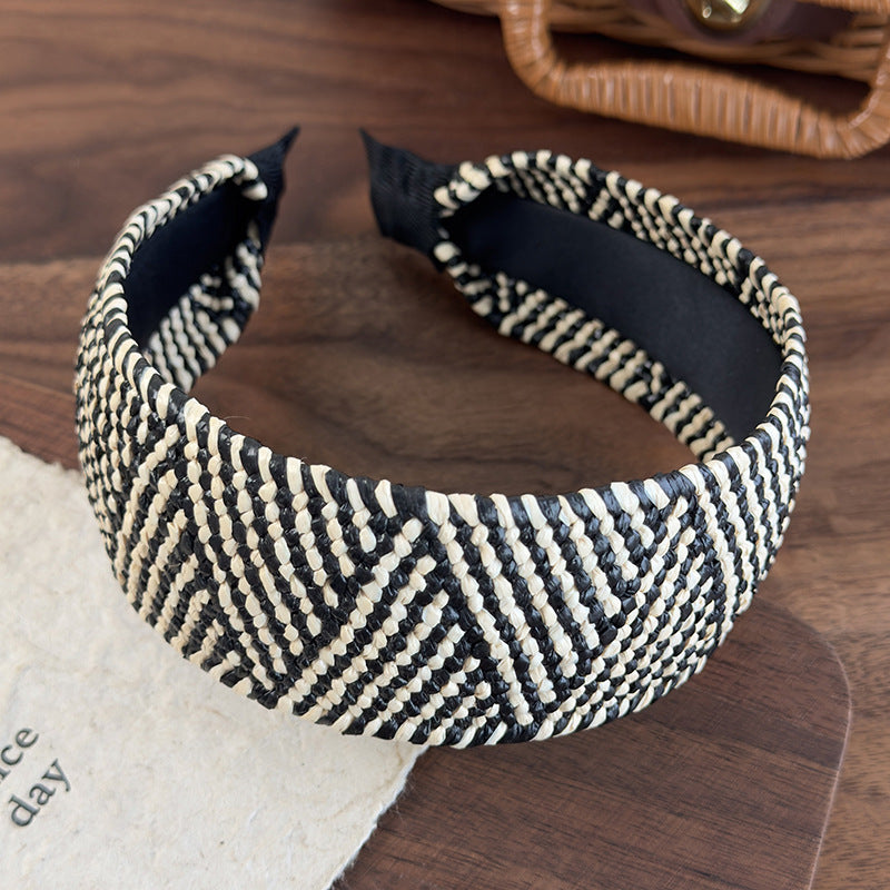 E廠-復古老錢風草編寬邊髮箍女高級感日常外戴頭箍高顱頂度假髮捆頭飾「26926」25.05-3
