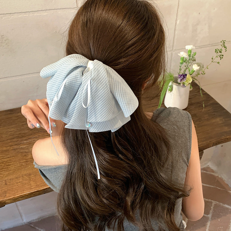 E廠-韓系夏季薄紗藍色細格紋水晶吊墜蝴蝶結抓夾馬尾夾少女百搭鯊魚夾「27108」25.06-4