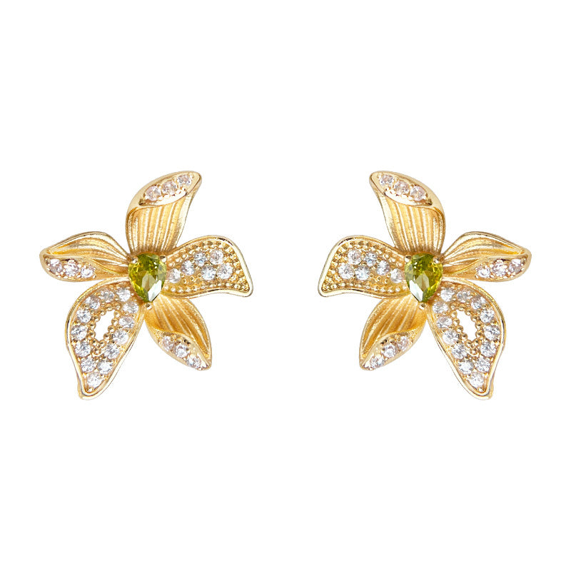 A廠-原創 鳶尾花設計師款微鑲鋯石s925銀針立體新款花朵耳環工廠耳飾女「6993」25.10-5