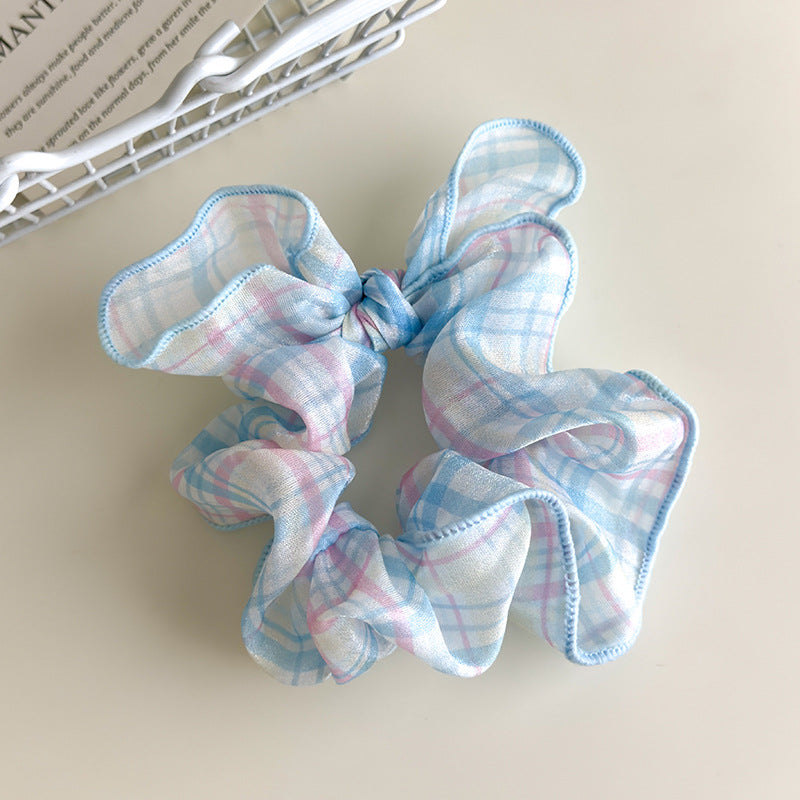 E廠-可愛奶油系淺色格子蝴蝶結大腸髮圈甜美珍珠蝴蝶結髮夾髮飾髮繩女「27114」25.06-4
