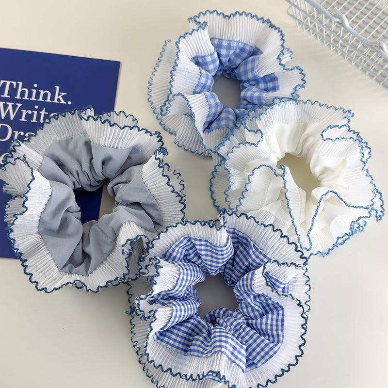 E廠-藍色系格子大腸髮圈雙層蕾絲花邊丸子頭馬尾髮繩甜美小清新髮飾「26437 26844」25.05-1