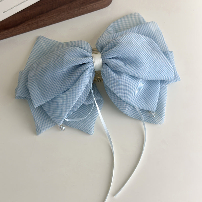 E廠-韓系夏季薄紗藍色細格紋水晶吊墜蝴蝶結抓夾馬尾夾少女百搭鯊魚夾「27108」25.06-4