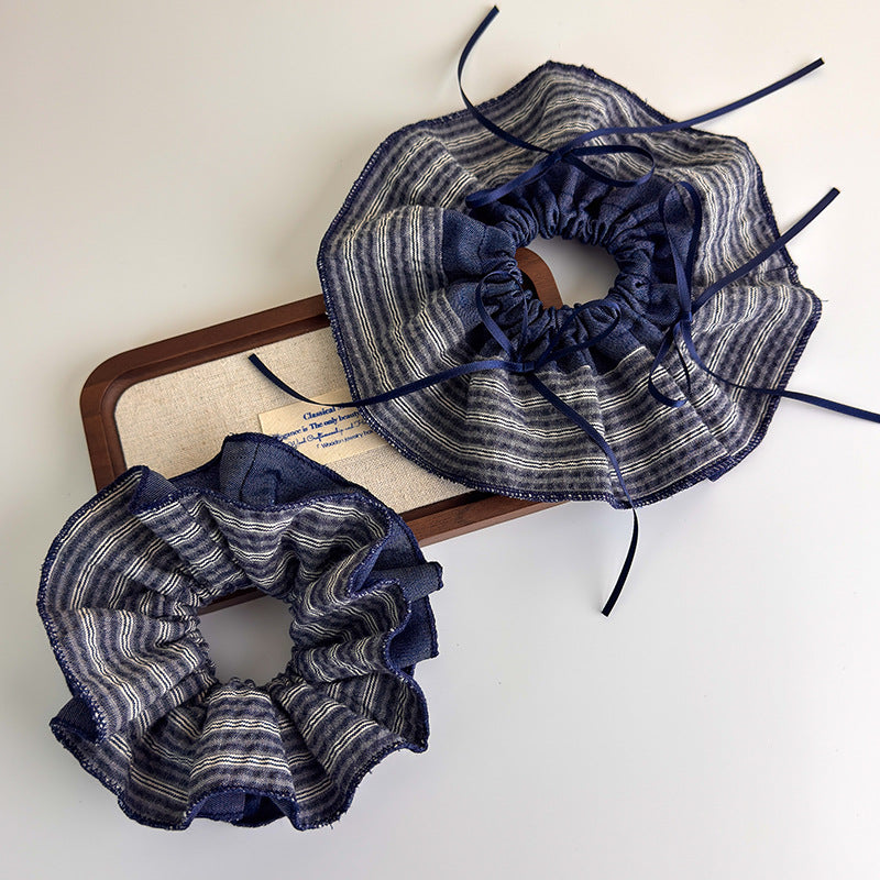E廠-韓系高質感藍色條紋牛仔雙拼髮圈復古學院風布藝大腸圈網紅髮飾女「27383」25.08-5
