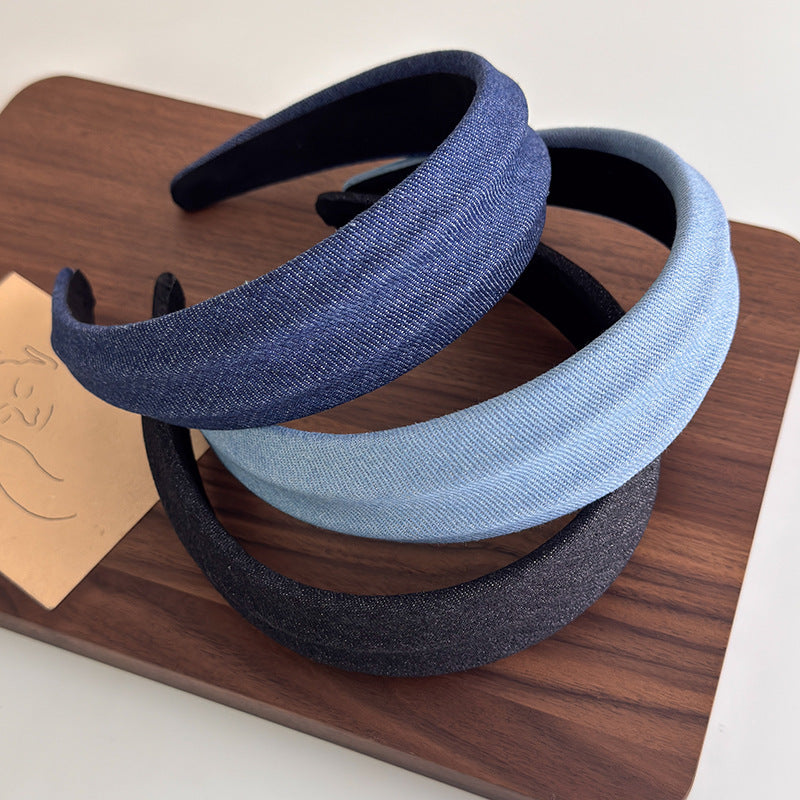 E廠-小清新風~韓系牛仔布藝簡約寬邊髮箍女款2025新款高顱頂頭箍髮飾「27250」25.07-4