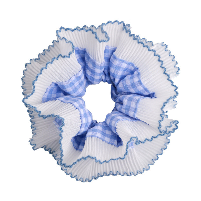 E廠-藍色系格子大腸髮圈雙層蕾絲花邊丸子頭馬尾髮繩甜美小清新髮飾「26437 26844」25.05-1