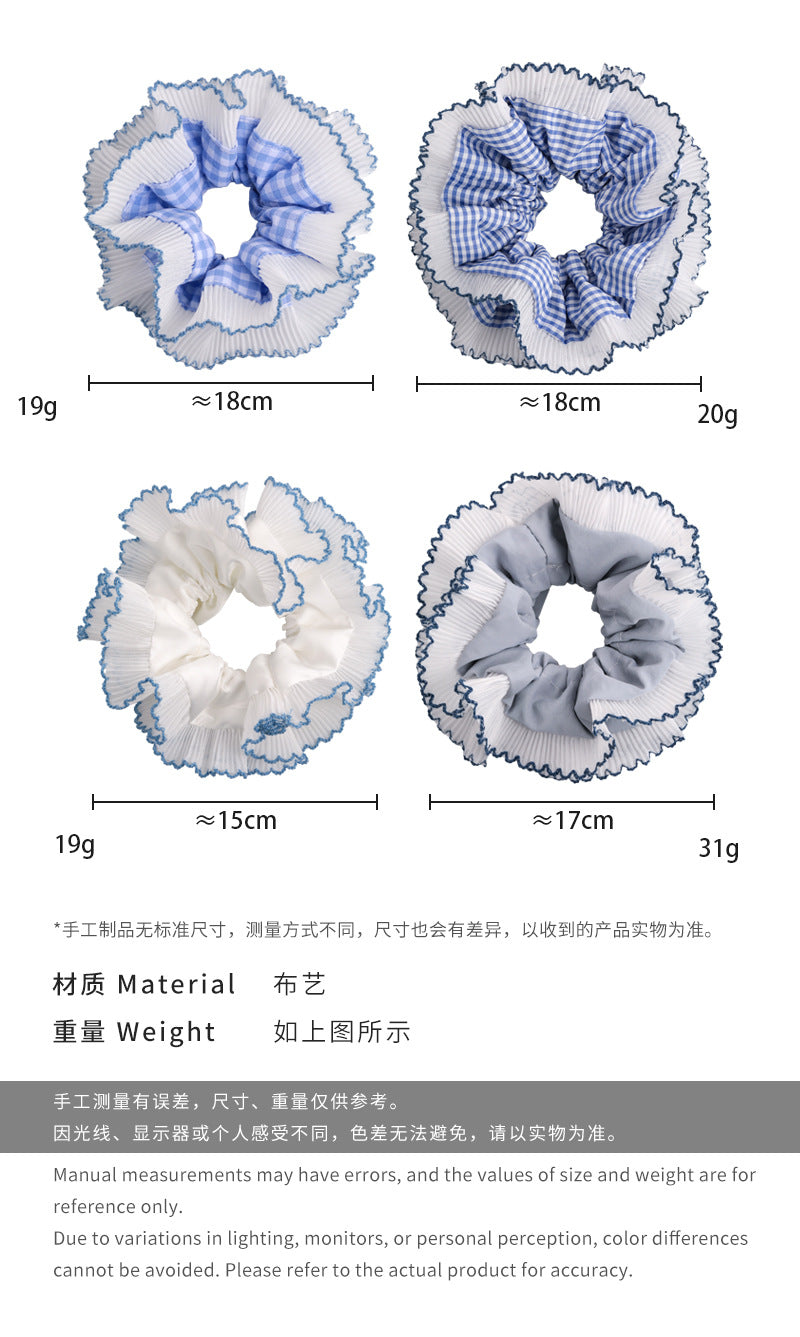 E廠-藍色系格子大腸髮圈雙層蕾絲花邊丸子頭馬尾髮繩甜美小清新髮飾「26437 26844」25.05-1