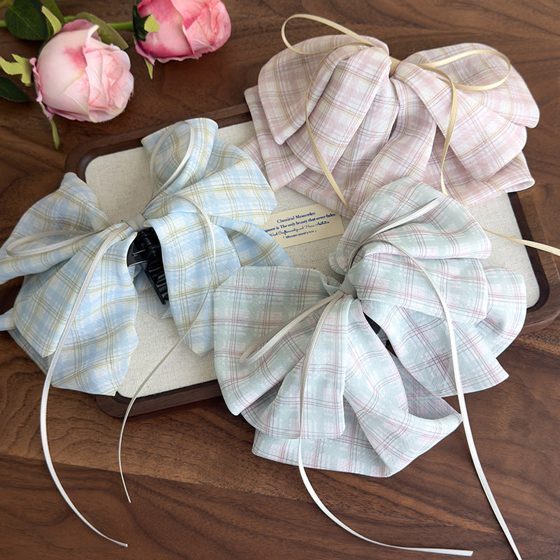 E廠-2025新款甜美格子蝴蝶結絲巾馬尾夾後腦勺夾子頭飾高級感髮飾抓夾「27132」25.06-4