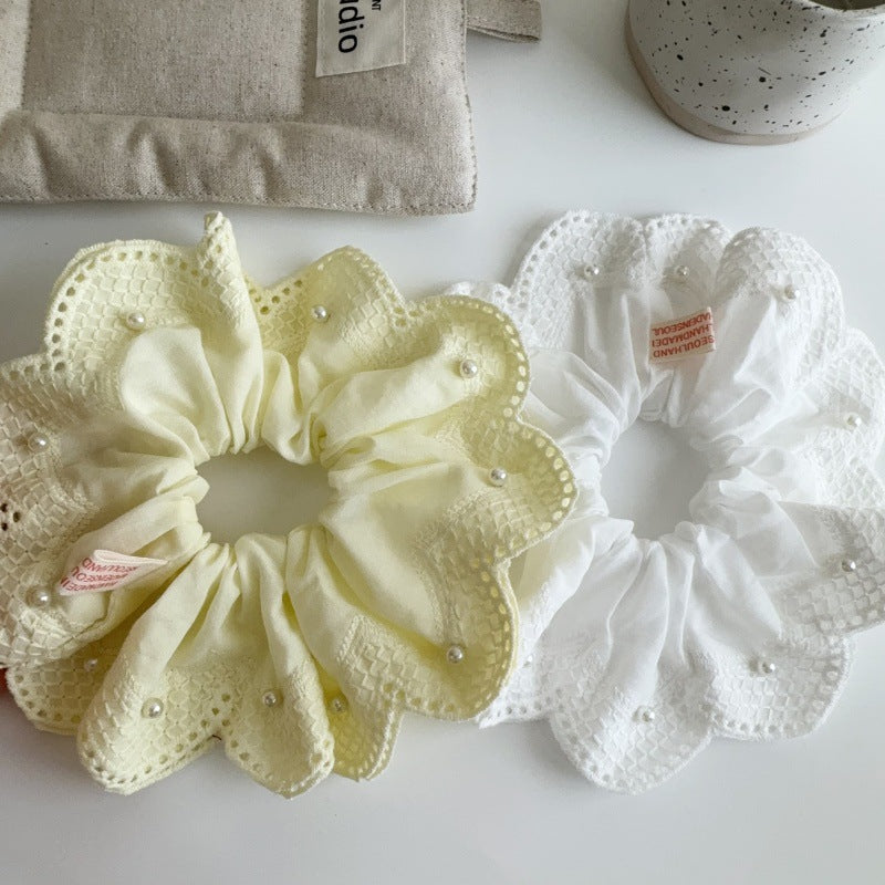 E廠-韓國小清新珍珠刺繡蕾絲大腸髮圈2025新款扎馬尾氣質髮飾丸子頭繩「27076」25.06-3