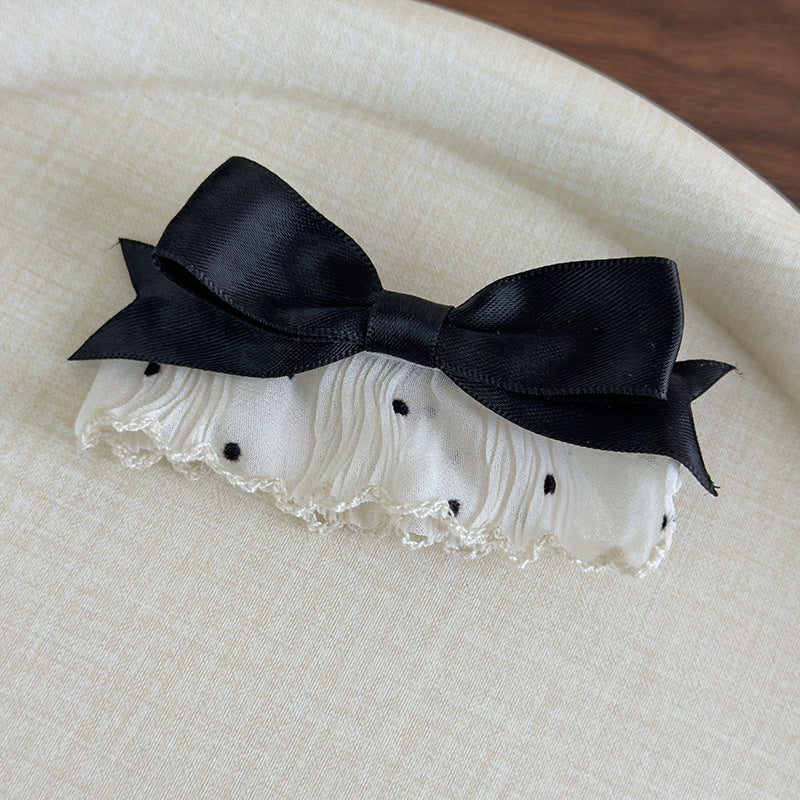 E廠-韓系溫柔布藝點點蕾絲花邊蝴蝶結髮夾側邊夾瀏海夾子甜美ins頭飾「27014」25.05-5