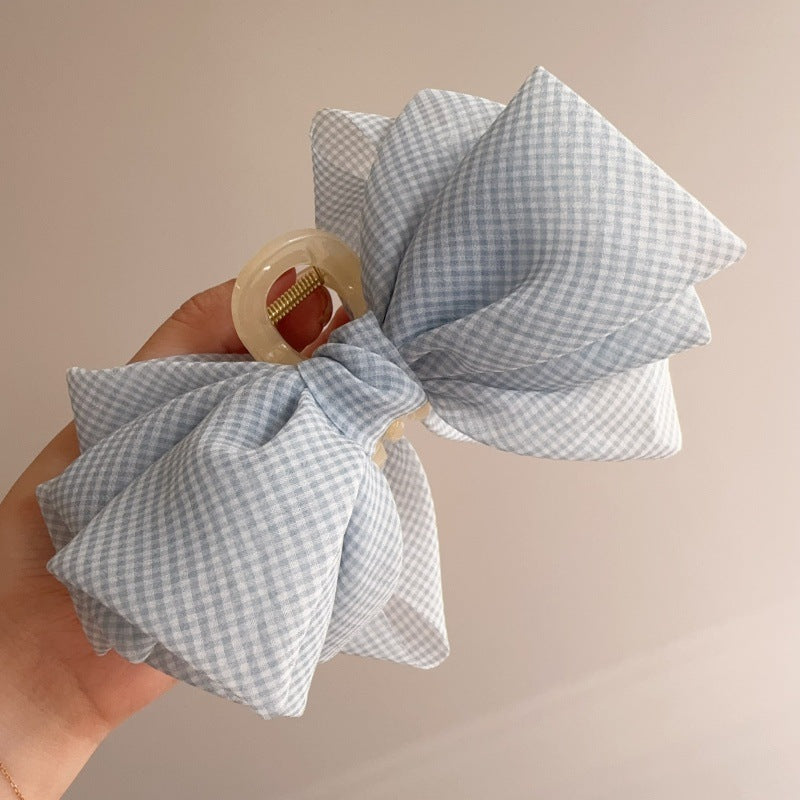 E廠-韓系夏季薄紗藍色細格紋水晶吊墜蝴蝶結抓夾馬尾夾少女百搭鯊魚夾「27108」25.06-4