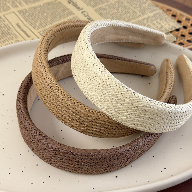 E廠-韓國ins夏季草編拉菲草寬邊髮箍百搭氣質純色頭箍壓髮髮卡髮飾女「27011」25.05-5