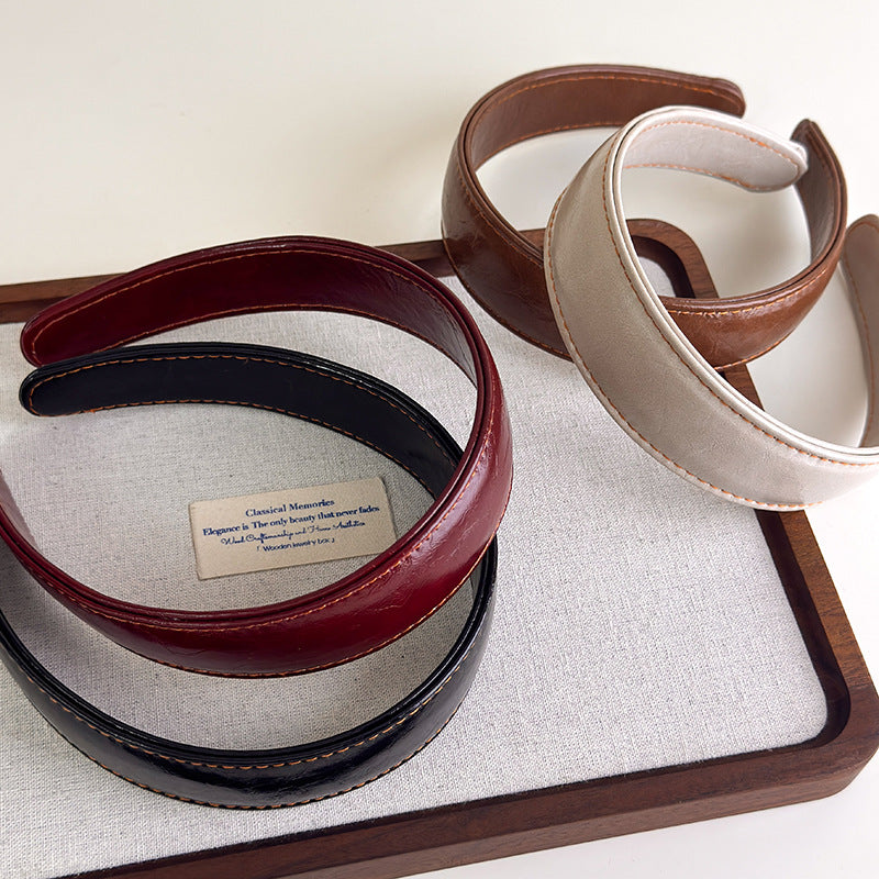 E廠-韓版頭飾復古港風洋氣十足頭箍日常百搭簡約慵懶風純色皮質髮箍「27349」25.08-3