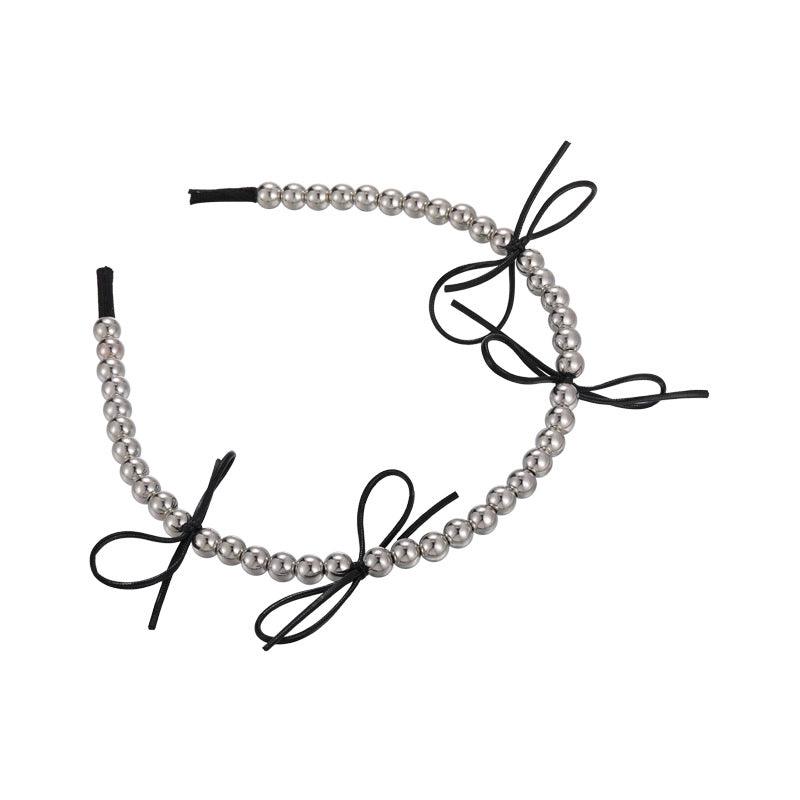 E廠-韓版芭蕾風銀色仿金屬串珠蝴蝶結髮箍小眾高級感甜美壓髮卡頭飾女「25811」24.08-2