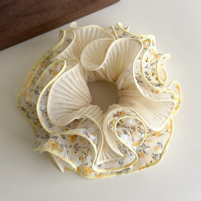 E廠-泡泡紗碎花雙層褶皺花邊大腸髮圈女扎頭髮低馬尾皮筋丸子頭繩髮飾「27063」25.06-2