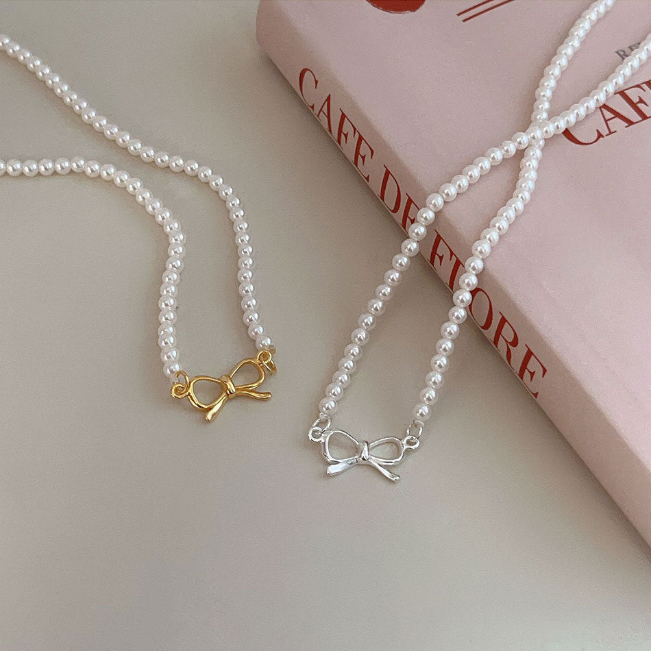 F廠-韓國韓版925純銀蝴蝶結人造水晶珍珠項鍊簡約ins小紅書項鍊「B1219」25.08-4