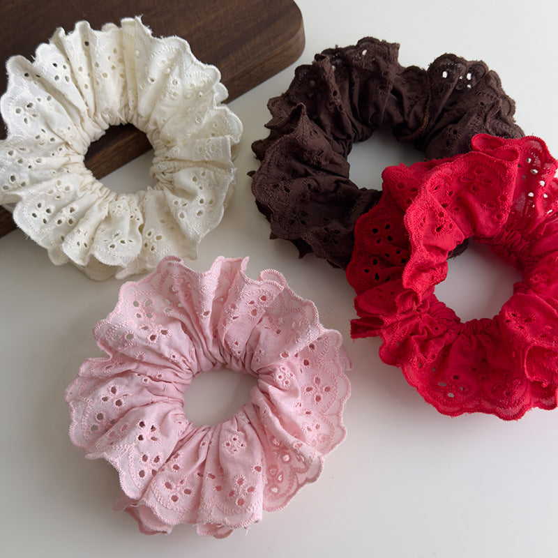 E廠-趙露思同款白色紅色蕾絲大腸髮圈女韓系高級感頭繩頭花髮飾頭飾「27091」25.06-3