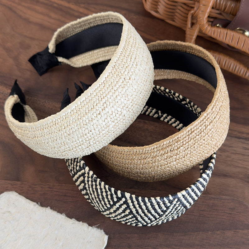 E廠-復古老錢風草編寬邊髮箍女高級感日常外戴頭箍高顱頂度假髮捆頭飾「26926」25.05-3