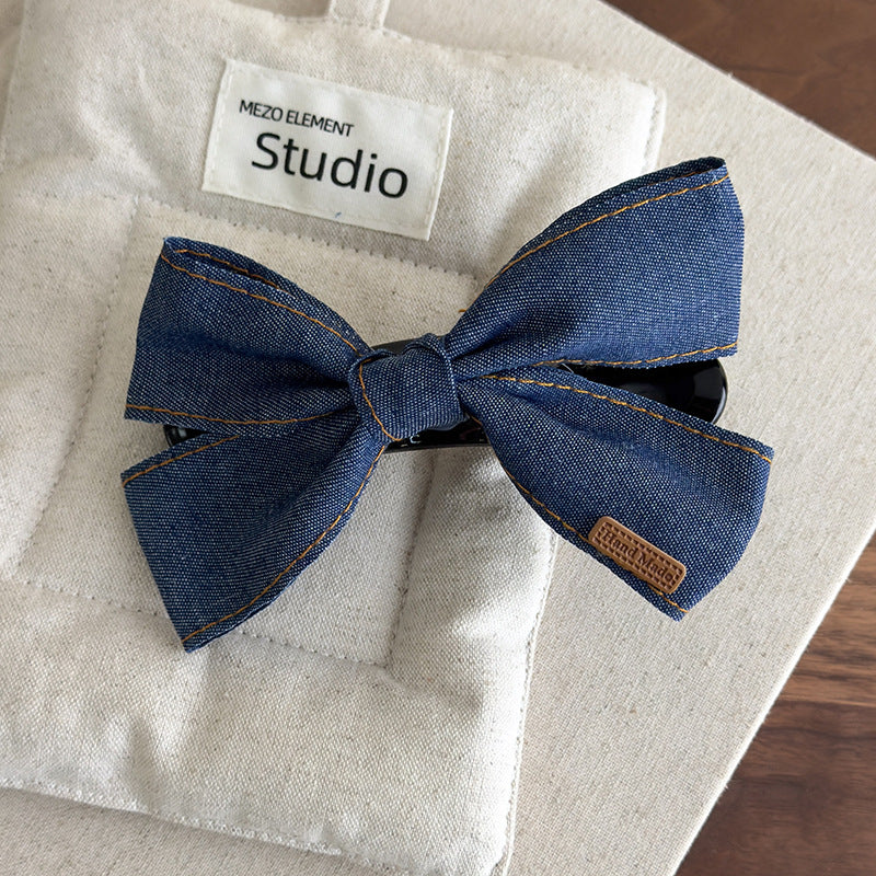 E廠-韓系時髦牛仔飄帶蝴蝶結髮夾簡約高級感後腦勺大號鴨嘴夾甜美髮飾「27096」25.06-3