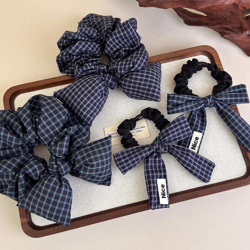 E廠-英倫風布藝格子蝴蝶結髮圈復古學院風立體褶皺髮繩頭繩皮筋髮飾「27402」25.08-5