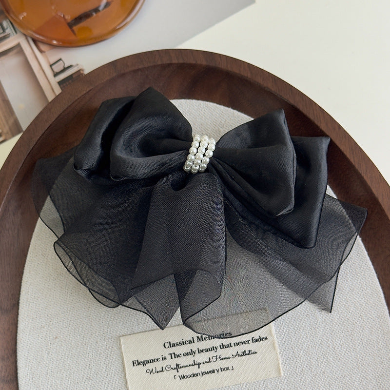 E廠-緞面歐根紗蝴蝶結頂夾後腦勺彈簧夾仙氣飄飄氣質髮夾珍珠夾子頭飾「27155」25.07-1