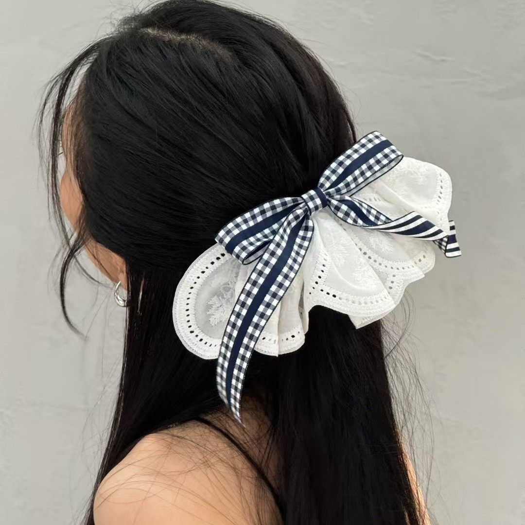 E廠-韓國氣質白色裙邊藏青色格子蝴蝶結髮夾飄帶頂夾女2025新款彈簧夾「27089」25.06-3
