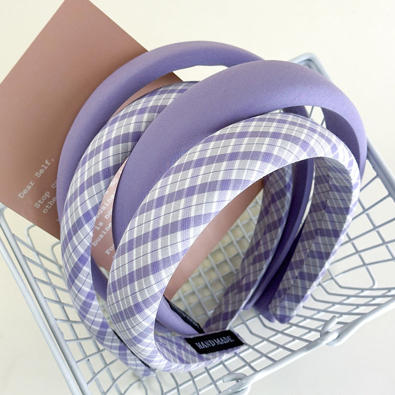 E廠-仙女紫~紫色格子純色髮箍女2025新款外出百搭高顱頂洋氣髮卡頭箍「26883」25.05-1
