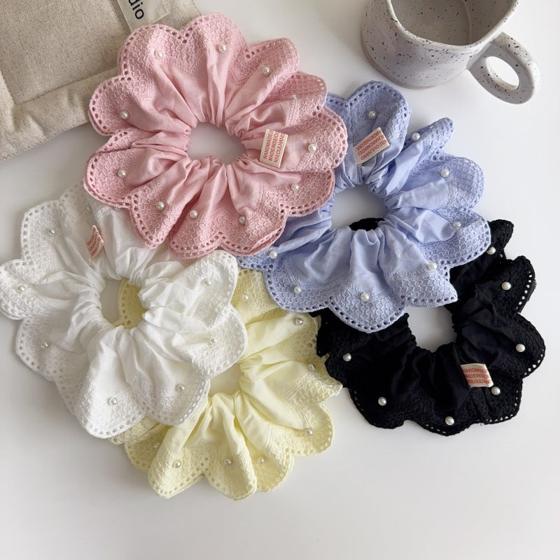 E廠-韓國小清新珍珠刺繡蕾絲大腸髮圈2025新款扎馬尾氣質髮飾丸子頭繩「27076」25.06-3